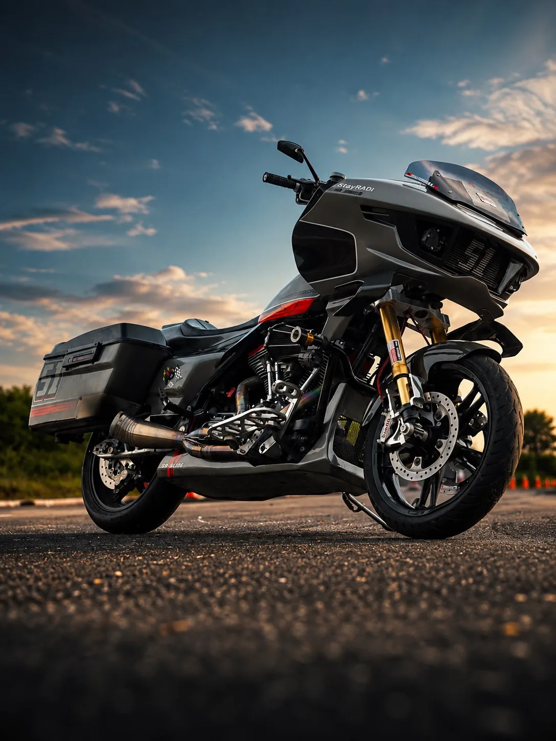 Performance bagger motorcycle at sunset